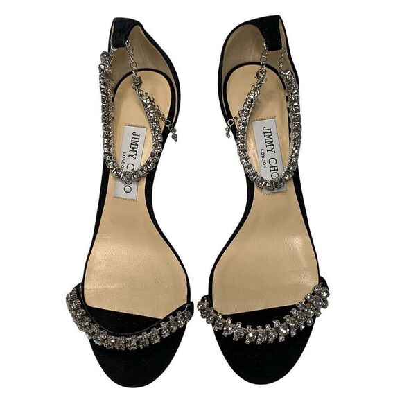 Jimmy Choo Shiloh Embellished Black Suede Crystal Studded Heeled Sandals EU 37.5 - Picture 4 of 10